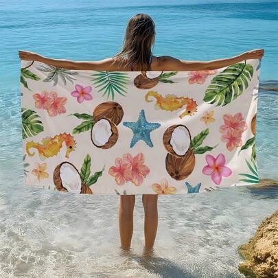 1条椰子、热带树叶、花卉、海星和海马印花沙滩巾/浴巾，单面印花，吸水性强，速干，超柔软纤维，可作防晒披肩、瑜伽垫、便携式度假沙滩及泳池运动毛巾、亲肤柔软礼品毛巾、轻便浴巾/沙滩巾，浴室及海滩的理想之选。