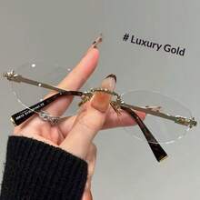 1副复古优雅椭圆形无框装饰眼镜，镜腿处饰有字母图案 - 無色 - 查看 10