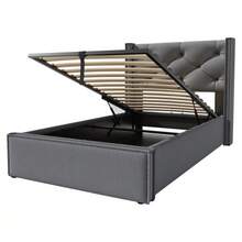 Upholstered Hydraulic Single Bed 90x200cm, Metal Slatted Base, Modern Bed Frame With Storage Space, Cotton, Grey - Grey - View 6