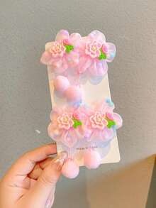 2pcs Girls' Pink Flower & Pom Pom Hair Scrunchies, Cute Everyday Use - Multicolor - View 8