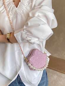 1PC Women Pearl Handle Sequin Bag Mini Star Design Crossbody Bag Fashion Versatile Shoulder Bag - Pink - View 3