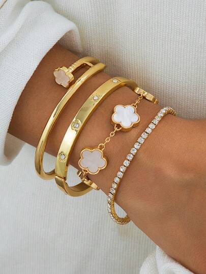 4pcs Luxurious Elegant Delicate Sparkling White Clover Bracelet & Bangle Set For Women