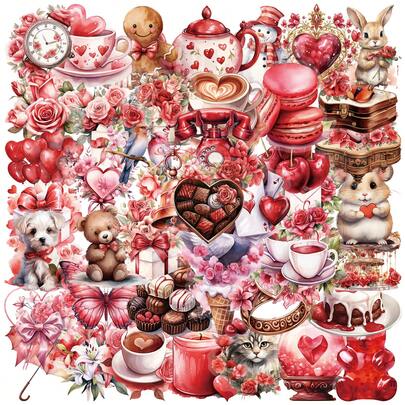 50Pcs Romantic Valentine's Day Gift Stickers, Waterproof PET Decorative Stickers For Gift Boxes, Diary, Notebook, Mobile Phone Case, Laptop, Cup Back To School
