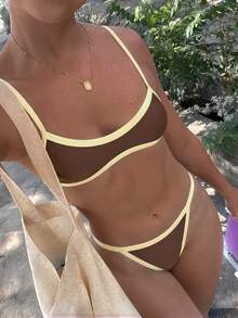 Sultry Sol 2026夏季女款比基尼泳衣，休閒性感拼色純色棕黃短版上衣時尚套裝短褲度假海灘 - 棕色 - 查看 8