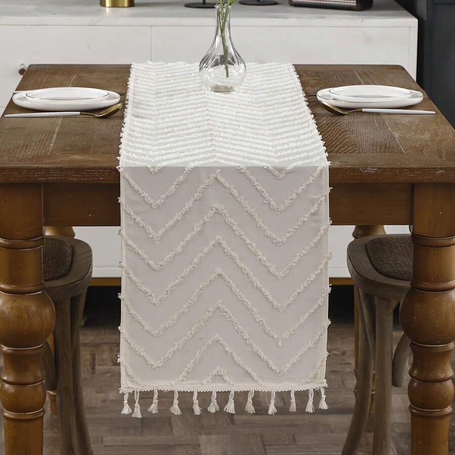 1pc Bohemian Style Decorative Table Runner, With 3D Wavy Texture Design, Suitable For Wedding, Party, Dining Table And Living Room, Handmade Tassel Decor - Beige - View 1
