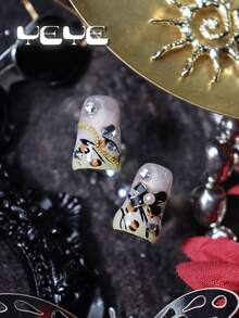 用10片装亚克力鸭子美甲片表达你的爱意！裸粉色为底色，浅黄色，欧式豹纹印花，3D立体蝴蝶装饰，蝴蝶结，水钻点缀，北欧风全覆盖亚克力美甲片套装，适合女孩和女士，内含1个迷你指甲锉和1张粘合贴片，美甲用品适合派对、婚礼和日常佩戴。 - 咖啡棕 - 查看 6