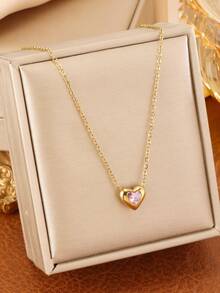 不锈钢心形水钻项链，适合节日和派对佩戴 - 金色 - 查看 6