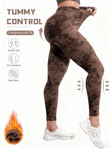 Women's High Waisted Yoga Sports Leggings, Fashionable Women's Sports Leggings, Sports Pants. Back Waist Pocket Design, Sporty Tie Dye High Waisted Sports Leggings, Suitable For Yoga Women's Pants - Màu nâu  Mocha - Xem 2