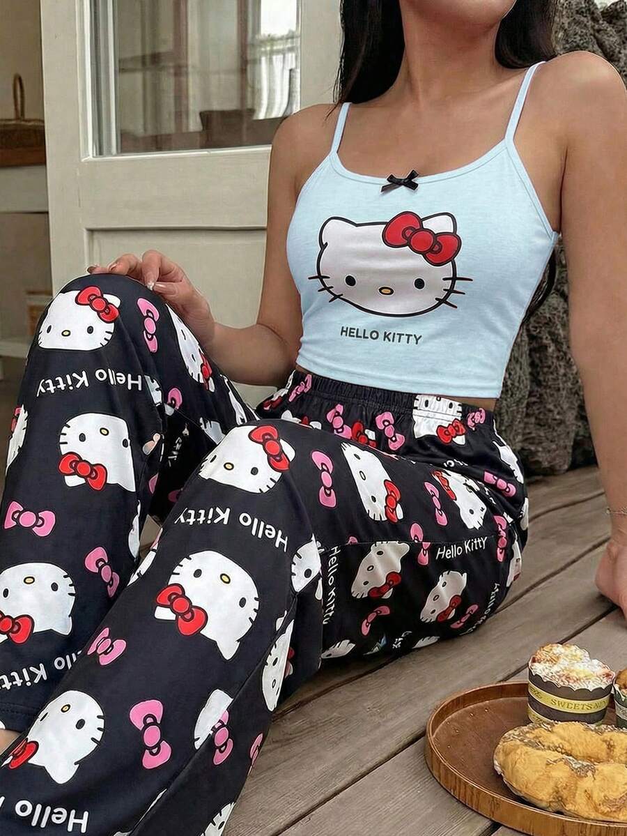 SANRIO 2件組女款可愛印花舒適細肩帶上衣 + 長褲套裝,背心細肩帶上衣舒適適用於春、夏、秋季 - 淺藍色 - 查看 1