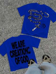 Unisex "We Are Creations Of God" Graphic T-Shirt, Double-Sided Rosary Cross Print 220G Cotton Y2K Streetwear Tee Y2K Dark Aesthetic Tee Breathable & Comfortable Cotton - 藍色 - 查看 11