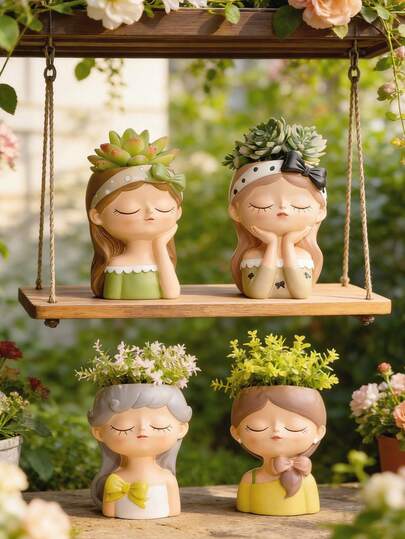 Whimsical Resin Girl Flower Pot - Cute Cartoon Character Planter With Gray Hair, Yellow Bow & Hand-Painted Details, Durable Resin Construction With Weather-Resistant Finish, Perfect For Balcony Garden, Patio Shelf, Outdoor Patio Decor, Garden Essentials, Fairy-Tale Outdoor Accents, And Unique Garden Decor, Ideal For Growing Small Perennials, Succulents, Or Artificial Greenery To Bring A Playful, Magical, Charming Touch To Your Outdoor Living Area