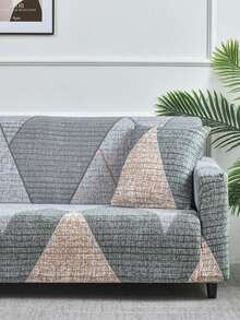 1pc Stretch Full Cover Sofa Slipcover, Geometric Pattern, Modern Style Polyester Fabric, Machine Washable, Protects Sofa, Dust & Dirt Resistant - Light Grey - View 7