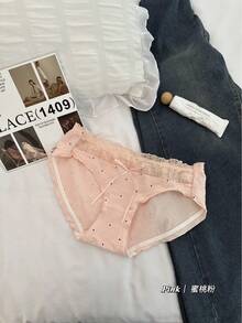 Cream Cake~Girlish Lace Polka Dot Women's Underwear, Comfortable Elastic Mid-Waist Briefs For Students, 2025 New Model - 蜜桃粉 - 查看 10