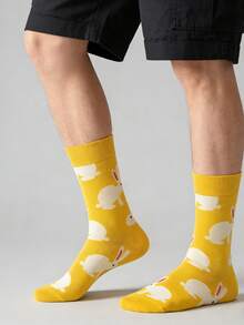 1双男士黄色底白色兔子图案中筒袜，四季皆宜。 - 彩色 - 查看 6