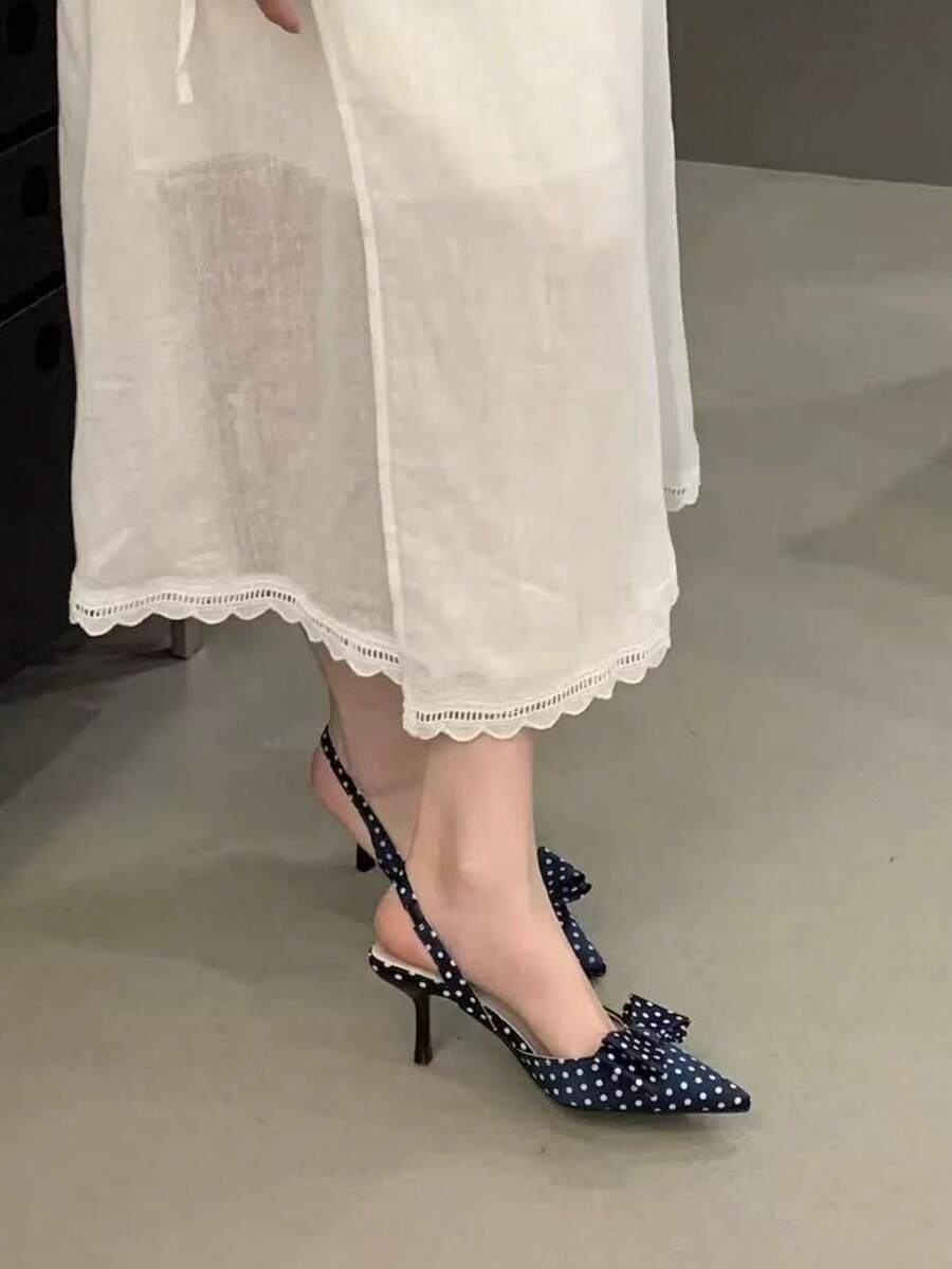 New Bowknot Pointed Toe Satin Kitten Heel Sandals, French Elegant Pumps For Women - Blue - View 1