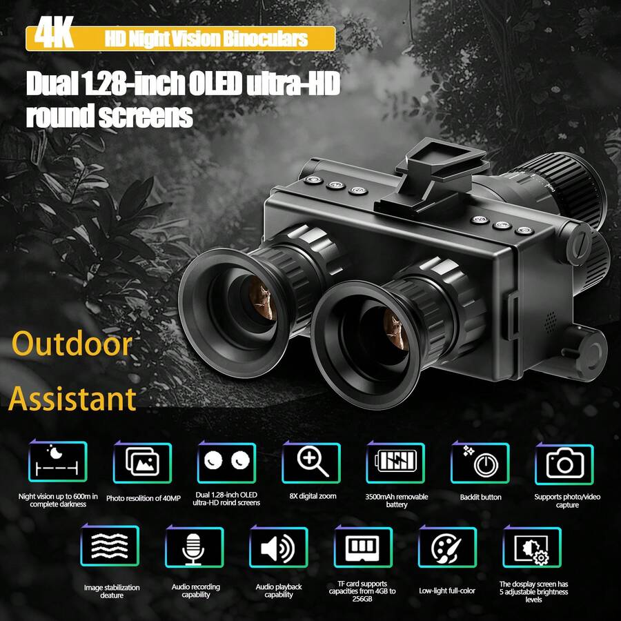 Gafas de visión nocturna binoculares de 4K 48MP con configuración de lente única/doble, iluminación potente, zoom 8X, protección ocular - Negro - Ver 1