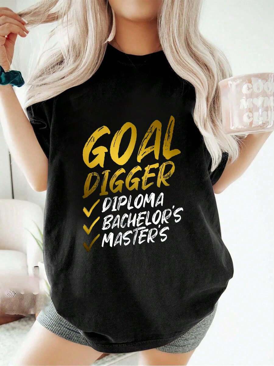 Camiseta de graduación de la clase de Goal Digger de la escuela secundaria, universidad, moda, suelta, informal, deportiva, de verano, cuello redondo, manga corta, para mujer - Negro - Ver 1