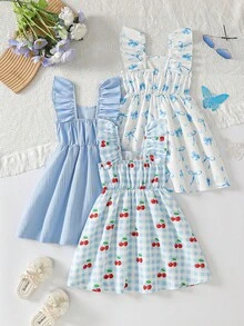 3pcs Young Girls' Summer Casual Dress Set, Featuring Puff Sleeve, Cherry Plaid, Bow Print, Suitable For Vacation, Beach, Outdoor, Daily Wear - Multicolor - View 2