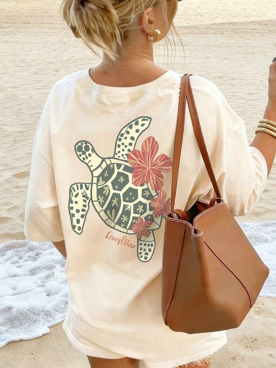 Camiseta de manga corta con cuello redondo y estampado casual para niñas preadolescentes y estudiantes, top de verano - Albaricoque - Ver 1