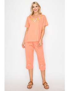 Women Short Sleeves Embroidered Cotton Blend Lounge Wear  Sets - 桃 - 查看 1