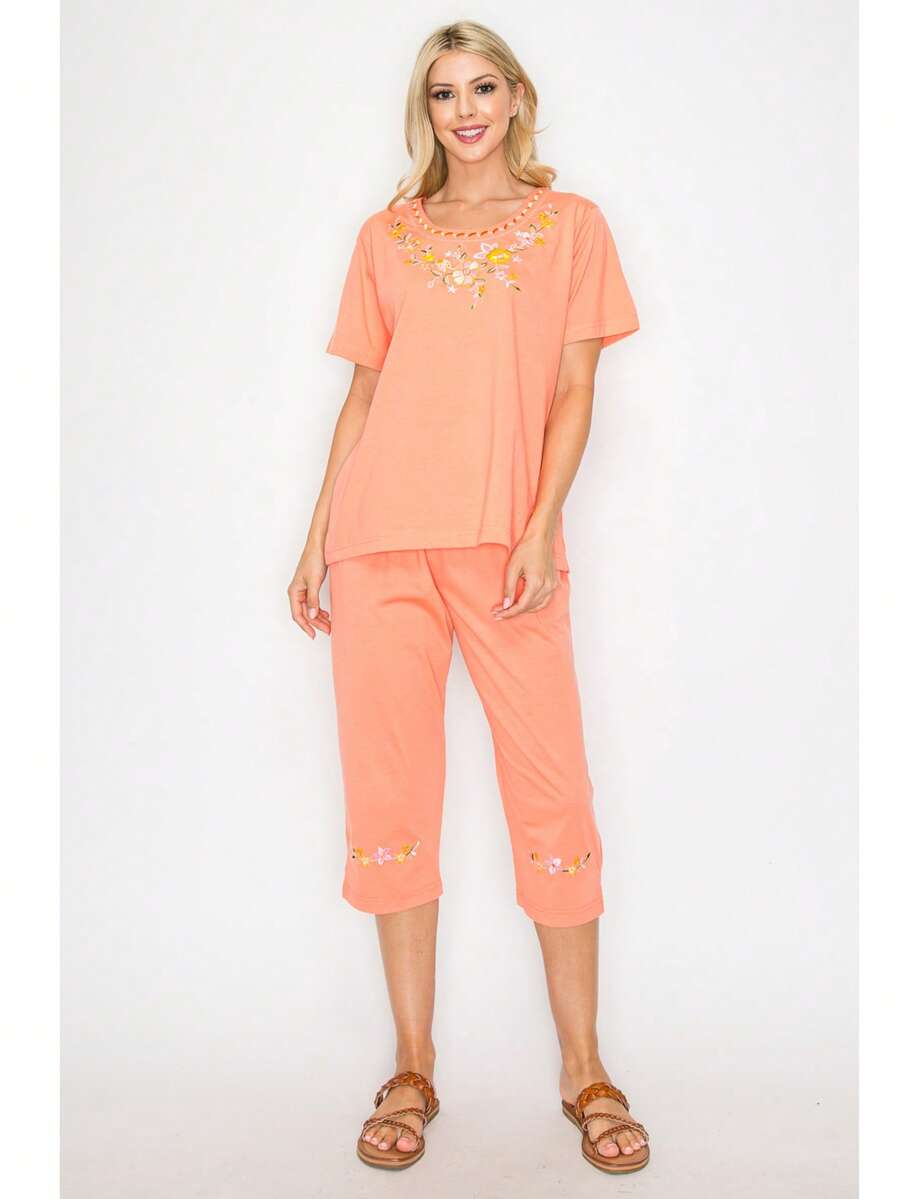 Women Short Sleeves Embroidered Cotton Blend Lounge Wear Sets - 桃 - 查看 1