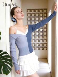 DonsGirl 1 Buah Atasan Rajut Lengan Panjang Balletcore Wanita dengan Blok Warna, Sweater Dua Warna Tanpa Bahu, Pullover Pemanasan untuk Latihan Tari & Pakaian Kasual Sehari-hari - Dusty Blue - View 2