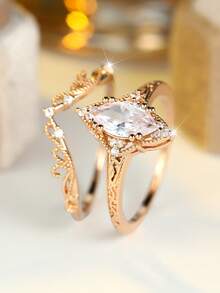 2件套优雅镀金白色合成立方氧化锆马眼形切割戒指，适合情人节、派对、日常佩戴，四季皆宜。 - Golden - 查看 10