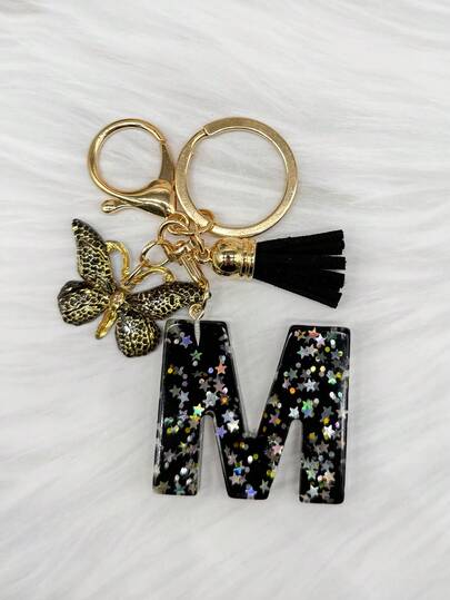 Porte-clés avec ciel étoilé noir, sequins en forme d'étoiles et lettres anglaises, pendentif pour sac à main et bagage pour femmes
