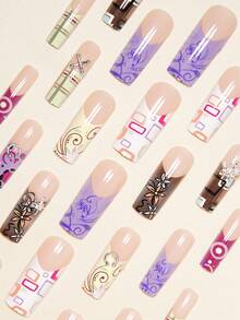 24片浪漫风矩形美甲贴纸，Y2K金属几何花卉图案法式美甲全覆盖假指甲，适合女性和女孩，春夏派对、办公室、日常佩戴皆宜。内含1张美甲胶贴和1个迷你指甲锉，随机果冻胶发货。 - 彩色 - 查看 3