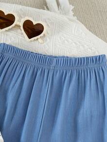 Ensemble 2 pièces pour filles : Haut court sans manches à volants avec imprimé nœud et broderie + Pantalon droit de couleur unie simple - Multicolore - Voir 4