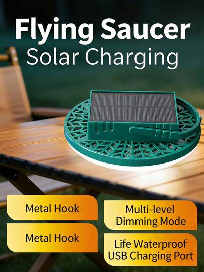 1pc High-Performance Solar Powered Flying Saucer Camping Lamp, With Extra-Long Battery Life And Super Bright Illumination. Portable Hanging Design For Easy Carrying. Suitable For Camping, Outdoor Parties, Night Markets, Home Blackouts, Emergency Relief, Vehicle Backup, And Various Outdoor Scenarios. A Versatile Lighting Device.