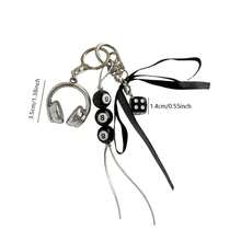 1pc Y2K Grunge Aesthetic Keychain Set With 8-Ball, Dice & Headphone Charms, Black Ribbon Bag Accessory - Black Eight - View 7