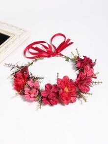 1件装女士花朵发箍，森林风格人造花冠，新娘、伴娘、婚礼摄影、公主派对、旅行和节日发饰 - 酒紅色 - 查看 6