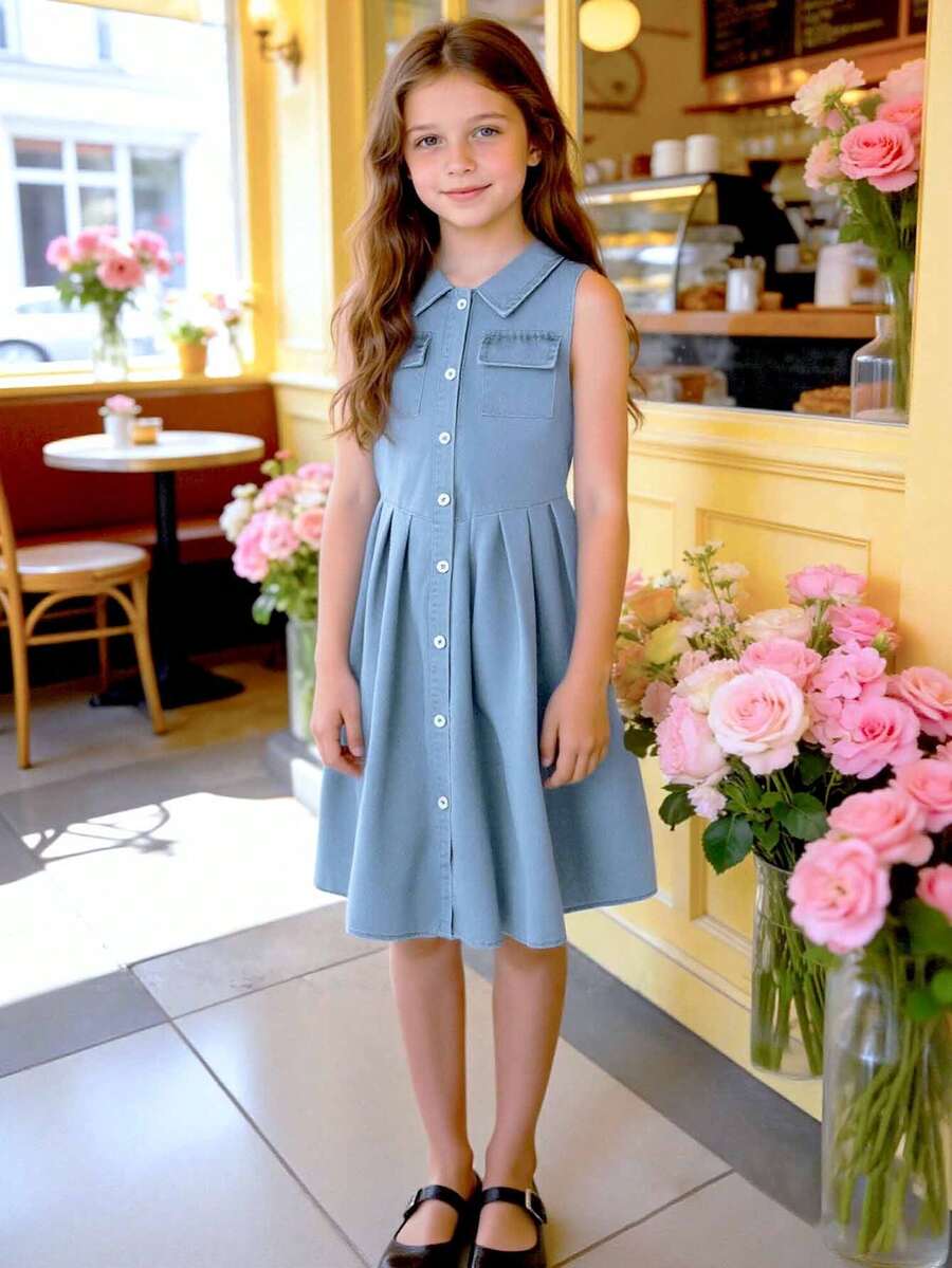 Tween Girls' Light Blue Denim Sleeveless Knee-Length Dress, Casual Sweet Minimalist Style, Summer - Blue - View 1