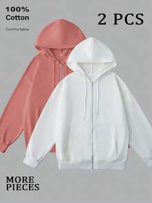 Áo hoodie nam có khóa kéo, chất liệu cotton nguyên chất, thoải mái, dáng rộng, dễ phối đồ, thích hợp mặc hàng ngày/ngoài trời/ngày lễ, bộ 2 chiếc, nhiều màu sắc. - Trắng + Hồng đậm - Xem 2