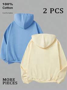 Sudadera con capucha con cremallera para hombres, de algodón puro y cómoda, de corte holgado, casual y versátil para uso diario/al aire libre/vacaciones, conjunto de 2 piezas en múltiples colores - Azul cielo + beige - Ver 3