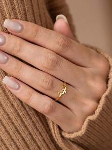 Customized Personalized Arabic Letter Ring, Stainless Steel Adjustable Open Ring, Classic Fashion Couple Ring, Anniversary Wedding Jewelry Gift For Family And Friends - Gold - View 4