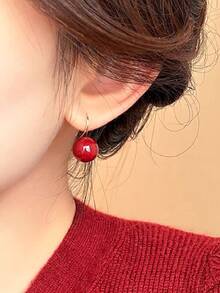 1 Pair Red Bead Earrings, Minimalist Gold-Tone Personalized Jewelry For Women - Red - View 2