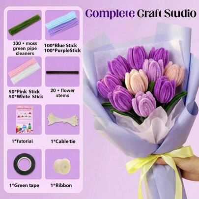 Pipe Cleaners Craft, 5 Colors Pipe Cleaner Flower Kit, 400PCS Chenille Stems Pipe Cleaners Bulk Flowers Kit For DIY Room Decor, Valentine's Day Decor,With Ribbons,Stems,Tape, Stamens, Tutorial Card