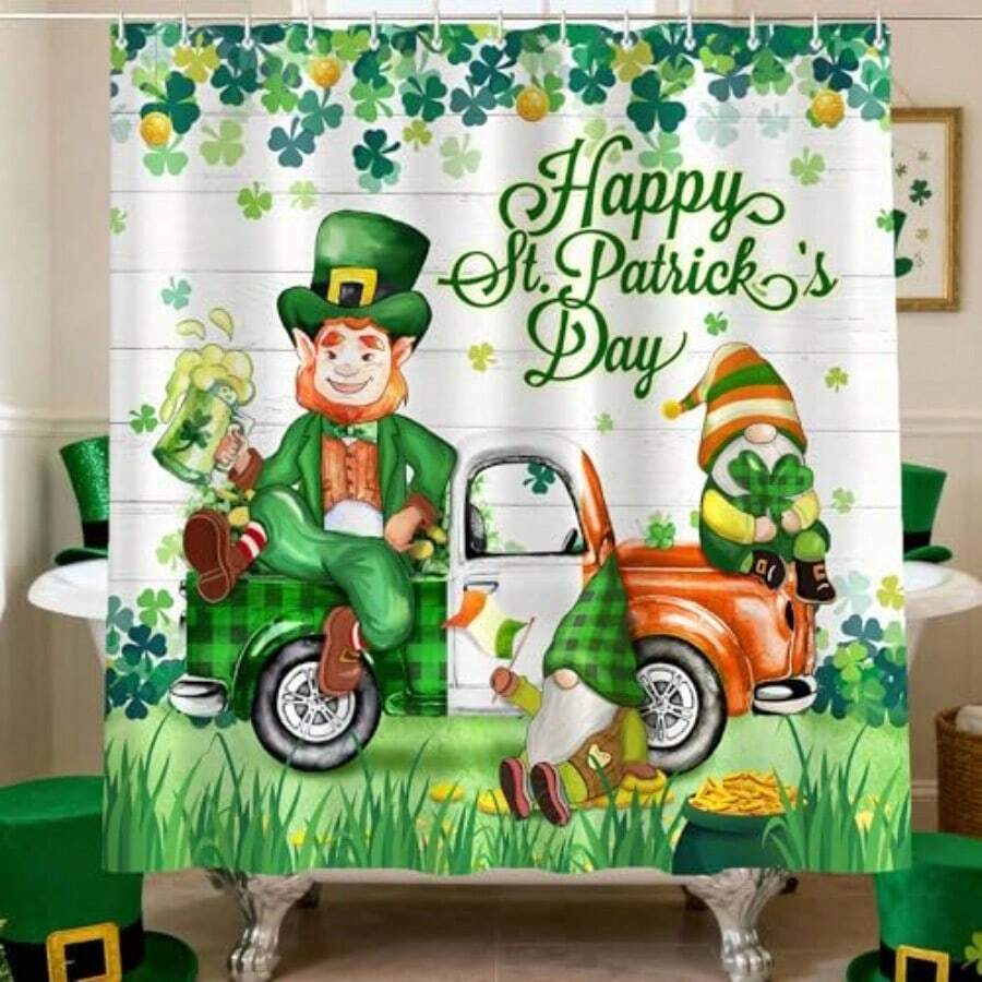 St Patricks Day Shower Curtain for Bathroom Happy St. Patrick's Leprechaun Gnomes Irish Green Truck Waterproof Bath Curtain Shamrocks Fabric Shower Curtains with Hooks for Home Decorations 72"x72" - Irlanda Verde - Ver 1