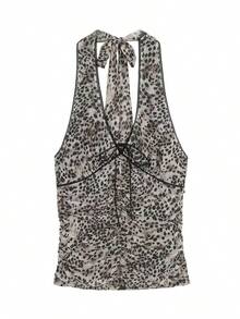 女士新款吊带背心，露背性感豹纹无袖细肩带上衣 - 棕色 - 查看 5