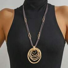 1件欧美多层几何椭圆形吊坠项链，波浪形设计，时尚夏季风格，适合日常和度假佩戴 - 彩色 - 查看 2