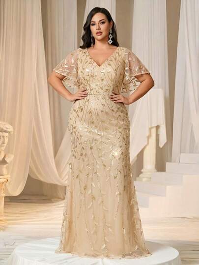 EVERPRETTY 大码亮片网纱派对礼服，优雅正式金色晚礼服，适合宴会、婚礼宾客、毕业典礼、晚宴及其他场合