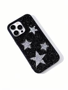 1pc Black Solid Color Rhinestone Star 2-In-1 Lens Hole Phone Protective Case Suitable For 17, 16, 15 Pro Max, 14, 13, 12, 11 Series, Rhinestone Star Pattern, Minimalist & Fashionable Phone Case - Silver - View 5