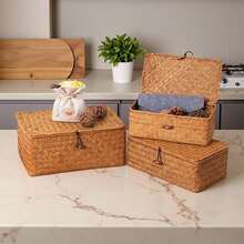 1pc Woven Basket With Lid, Rectangular Wicker Storage Box, Covered Toy Storage Bin, Exquisite Room Decor, Home Decor, Kitchen Decor, Bathroom Decor, Bedroom Decor, New Year & Valentine's Day Gift - 棕色 - 查看 8