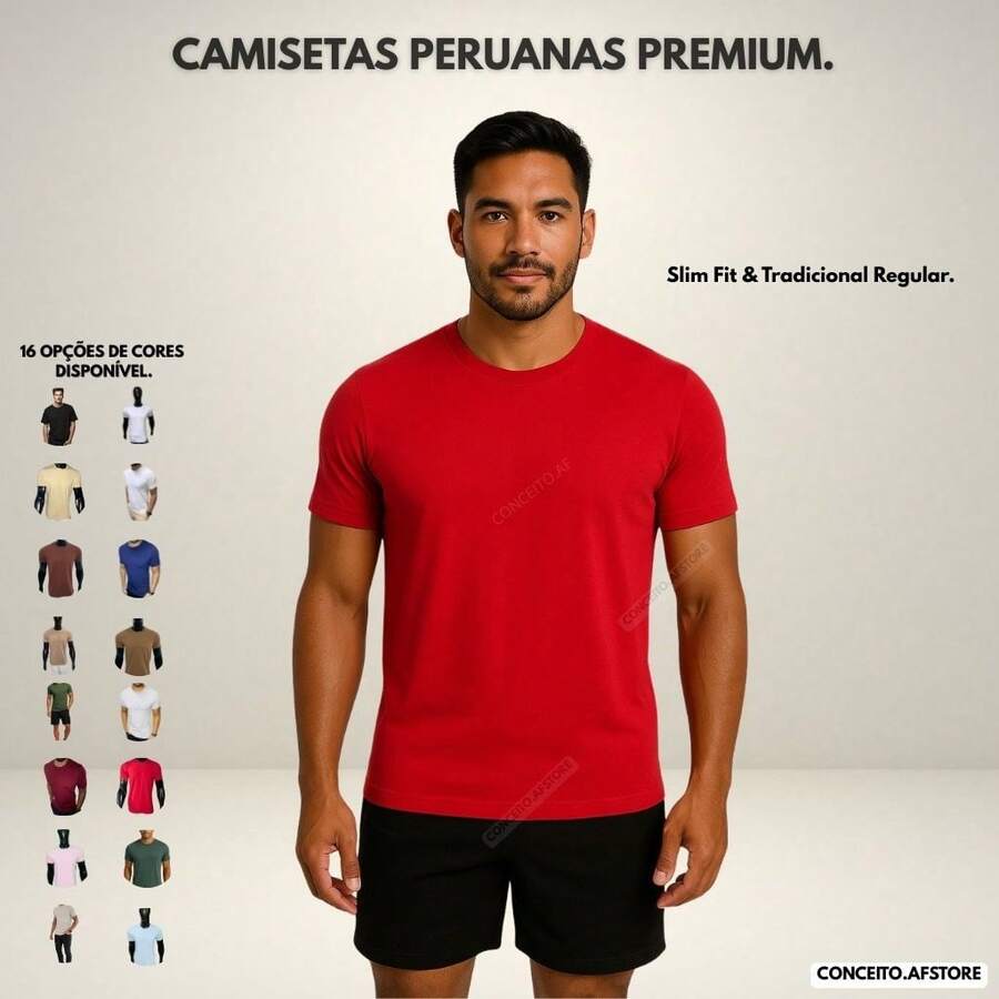 Premium Basic T-Shirts Made Of Peruvian Fabric With Smooth Elastane, Slim Fit And Traditional Design. - 紅色 - 查看 1