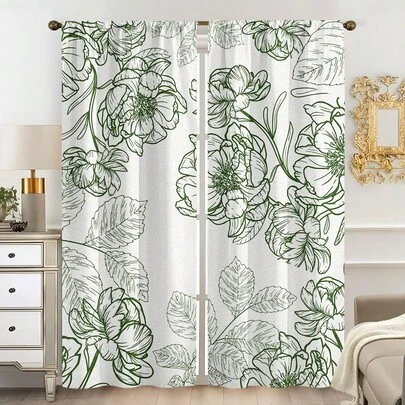 Conjunto de 2 cortinas estampadas com estampa floral e de folhas em tons de verde, estilo botânico minimalista, tecido 100% poliéster, com passante para varão, sem forro, gramatura 90gsm, 180cm de largura, ideais para quarto, sala de estar, sala de jantar, banheiro e áreas externas.