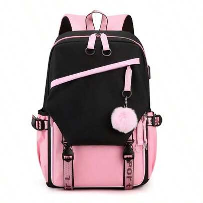 Sports-Themed Backpack - Durable Oxford Fabric, Adjustable Shoulder Straps, Headphone Jack, And Charging Port - Simple And Casual Unisex Student