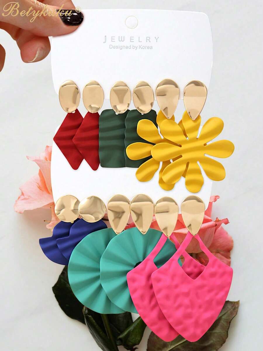 Betykuku 6 Pairs Colorful Geometrical Fashion Earrings, Vacation Style - Multicolor - View 1