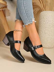 Women's Metal Buckle Decor Comfortable Commuting Solid Color Pointed Toe Mary Jane Pumps, Retro British Style, Suitable For Spring/Autumn Work, Shopping, Outings, Black & Brown, Leather Material, Versatile Chunky Heels - Black - View 1